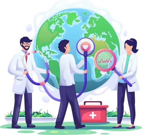 Doctors checking global health with a stethoscope  イラスト