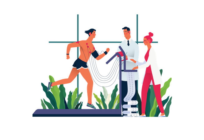 Doctors doing cardiac stress test of patient  Illustration