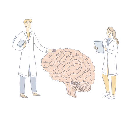 Doctors examining huge human brain  イラスト