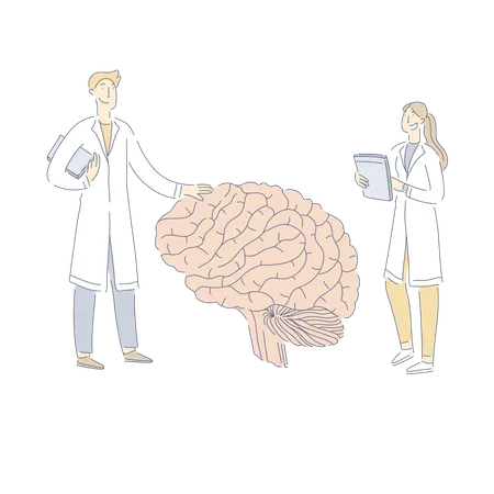 Doctors Examining Huge Human Brain Psychiatry Professional Assistance Neurobiology Psychology Banner Mental Health Problems Treatment Concept Cartoon Sketch Flat Vector Illustration Illustration