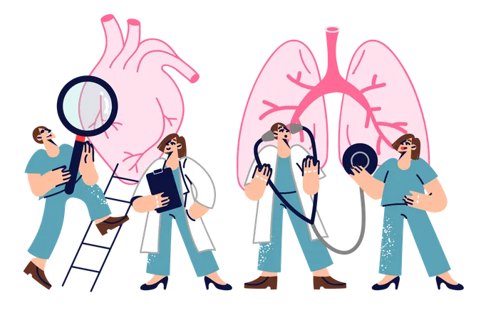 Consilium Doctors Examining Patient Giant Heart And Lungs To Look For Symptoms Disease Consilium With Teamwork Of Clinic Staff Working On Early Detection Of Dangerous Pathologies Or Cancerous Tumors Illustration