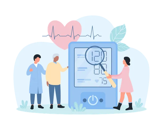 Arterial Hypertension Cardiovascular System Checkup Vector Illustration Cartoon Tiny Doctors Measuring Blood Pressure Of Patient Using Electronic Device People Check Readings With Magnifying Glass Illustration