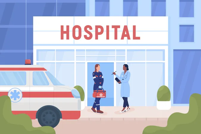 Doctors Near Hospital Building On Street Flat Color Vector Illustration Medical Service In City Fully Editable 2 D Simple Cartoon Characters With Town On Background Cardo Font Used Illustration
