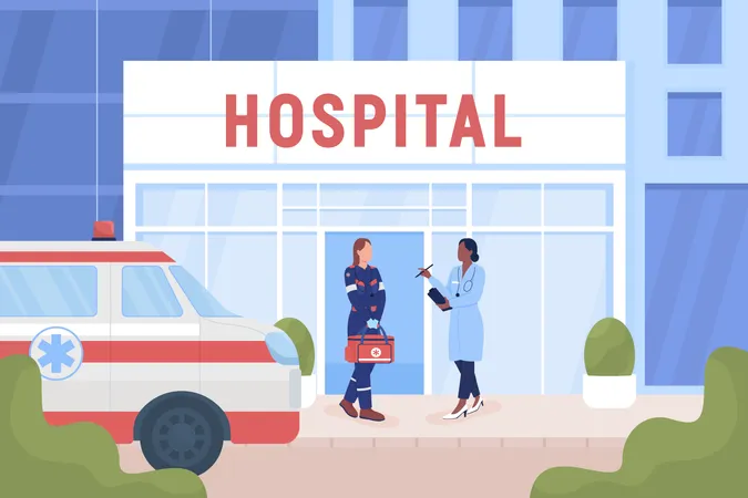 Doctors near hospital building on street  Illustration