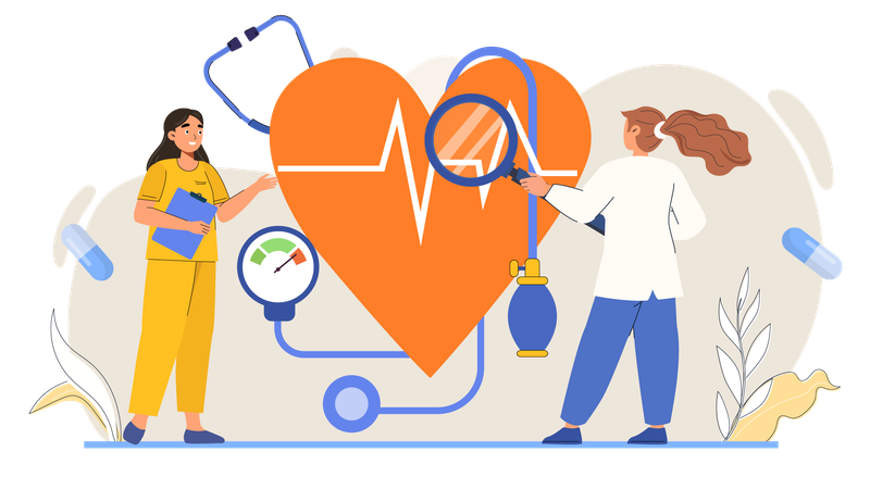 Doctors research on heartbeat and blood pressure  Illustration