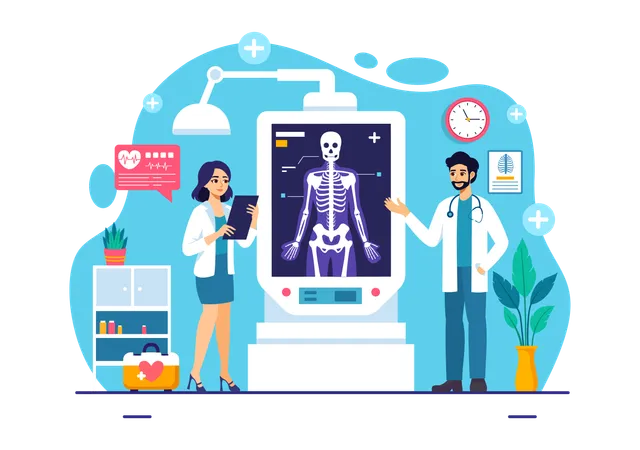 Roentgenography Vector Illustration With Fluorography Body Checkup Procedure X Ray Scanning Or Roentgen In Health Care In A Flat Cartoon Background Ilustración