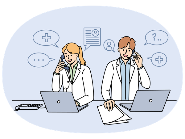 Doctors work in clinic telephone helpline and answer patients questions by phone  Illustration