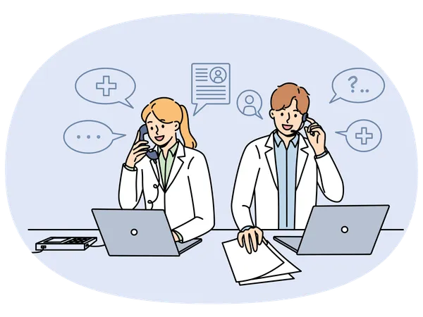 Doctors work in clinic telephone helpline and answer patients questions by phone  Illustration