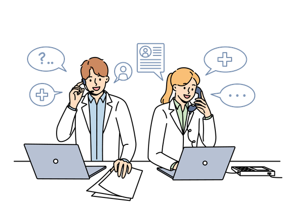 Doctors work in clinic telephone helpline and answer patients questions by phone standing near table  Illustration