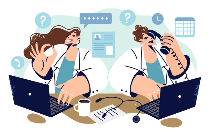 Doctors Work In Telemedicine Industry And Sit With Laptops Consulting Patients Over Phone Concept Of Working In Telemedicine And Remote Care For Sick With Symptoms Of Flu Or Infection Illustration