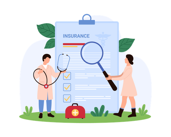 Doctors working on Detailed Health Insurance Document Review  Illustration
