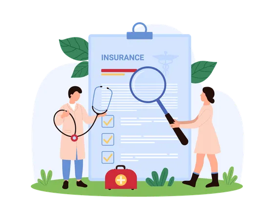 Doctors working on Detailed Health Insurance Document Review  Illustration