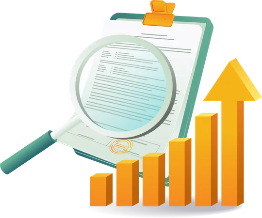 Document featuring magnifying glass and chart  Illustration