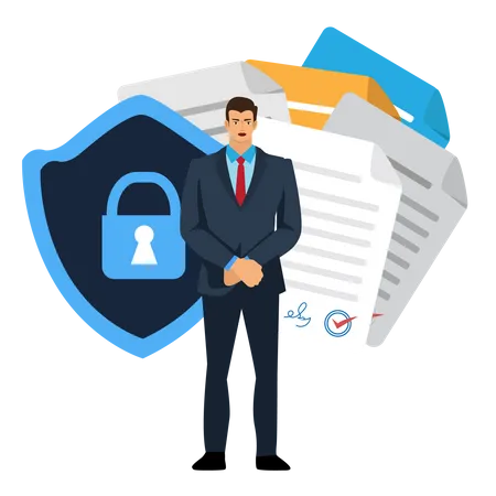 Document Protection And Data Protection With A Security System Like Having A Protector And A Shield A Padlock An Anti Virus Program Security Program Flat Style Cartoon Illustration Vector Illustration
