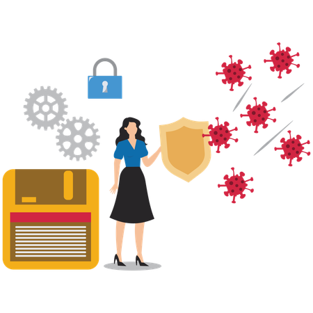 Document protection shield, protection from threat, company data security from cyber attacks, businesswoman uses a protective shield to prevent viruses from attacking company data or document  Illustration