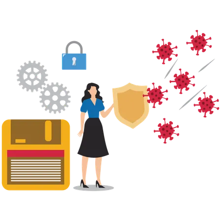 Document protection shield, protection from threat, company data security from cyber attacks, businesswoman uses a protective shield to prevent viruses from attacking company data or document  Illustration