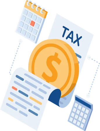 Moeda De Dolar Isometrica Plana 3 D Em Documento Fiscal Com Calendario E Calculadora Conceito De Pagamento De Impostos Ilustração