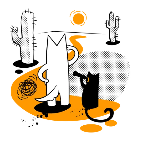 Dog and cat lost in the desert  Illustration