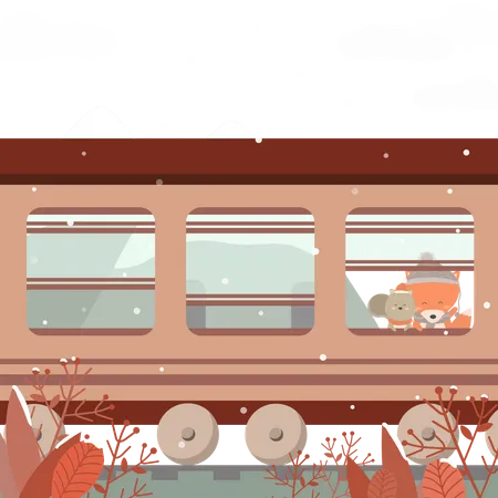 Dog and fox sitting on the train  Illustration