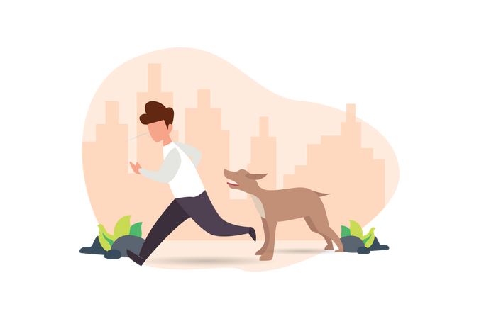 Dog attacking young scared man Illustration
