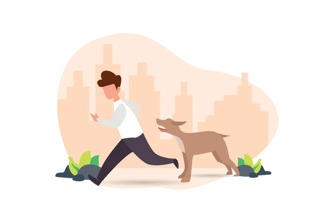 Dog attacking young scared man  Illustration