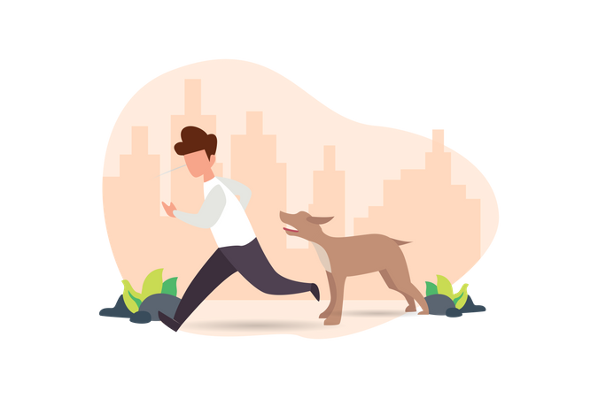 Dog attacking young scared man  Illustration