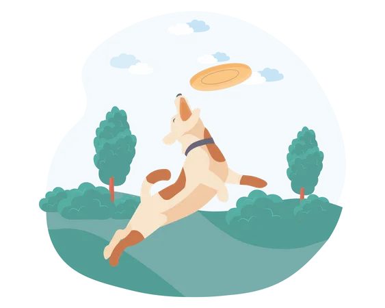 Dog catching disc in garden  Illustration