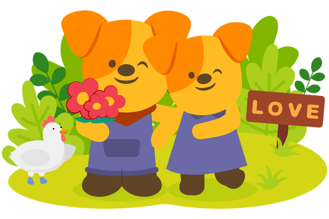 Dog couple with beautiful flower in park Illustration
