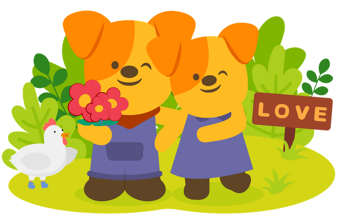 Dog couple with beautiful flower in park  Illustration