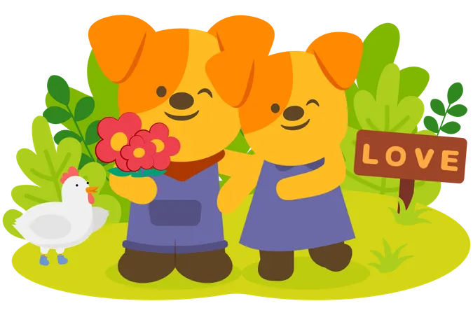 Dog couple with beautiful flower in park  Illustration