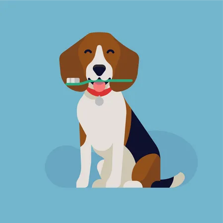 Dog dental health with happy beagle dog holding a toothbrush  Illustration