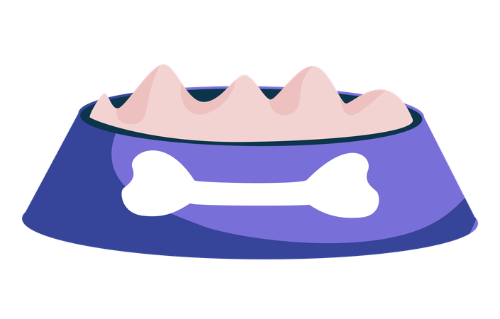 뼈 무늬가 있는 파란색 그릇에 담긴 개 사료  일러스트레이션
