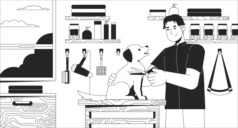 Dog Grooming Service Black And White Line Illustration Animal Spa Professional Pet Care Small Business 2 D Characters Monochrome Background Private Entrepreneurship Work Outline Scene Vector Image Illustration