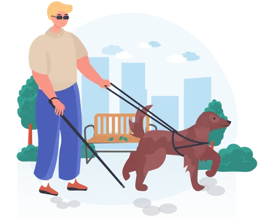 Dog helping blind man in garden walk Illustration