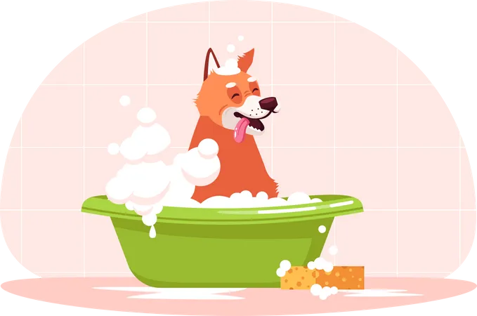 Dog In Bathtub Semi Flat RGB Color Vector Illustration Doggy Wash In Bathroom Bubble Bath For Puppy Domestic Animal Cleaning Canine Isolated Cartoon Character On Pink Background Illustration