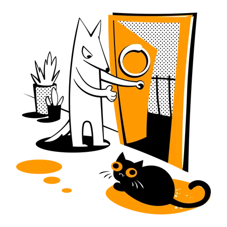 Dog opens the door for the cat  Illustration