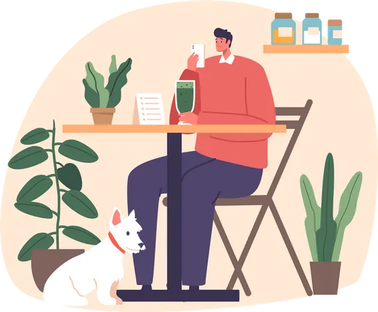 Dog Owner Enjoys Microgreens Smoothies With His Furry Friend At A Vegan Restaurant Customer Male Character Savoring The Fresh Flavors And Promoting A Healthy Lifestyle Cartoon Vector Illustration Illustration