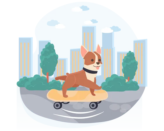 Dog riding skateboard in garden  Illustration