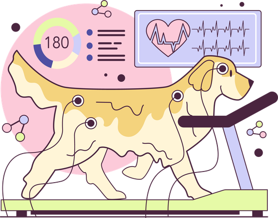 Dog running on treadmill while analysing his heartbeats  Illustration