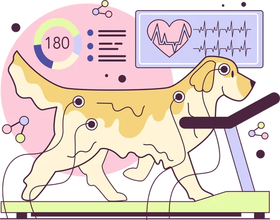 Dog running on treadmill while analysing his heartbeats  일러스트레이션
