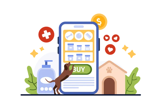 Online Pet Shop Mobile App Tiny Dog Selecting Category On Phone Screen To Buy Veterinary Goods And Products Electronic Order Food Toys And Grooming Accessory For Puppy Cartoon Vector Illustration Illustration
