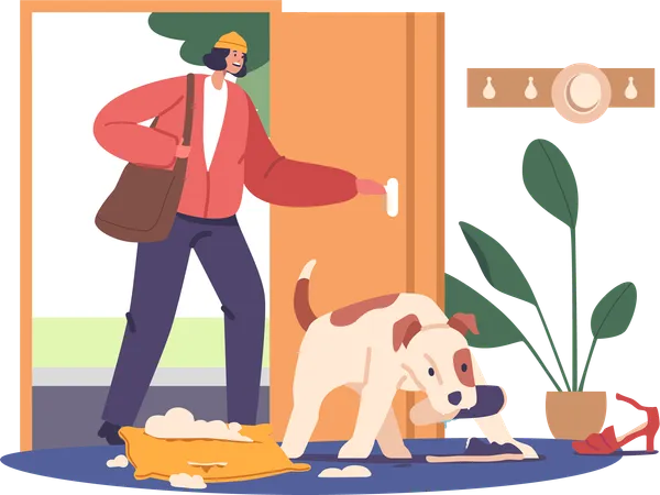 Dog Separation Anxiety Is A Distressing Behavior Issue Where Dogs Exhibit Extreme Stress Destructive Actions And Chewing When Left Alone Due To The Fear Of Abandonment Cartoon Vector Illustration Illustration