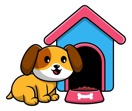 犬小屋の横に座っている犬  イラスト