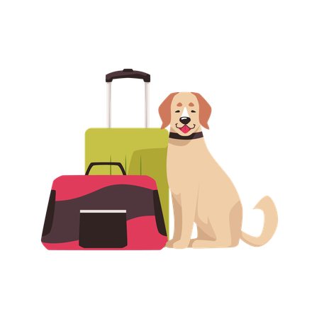 Dog sitting next to travel suitcase and carrier bag  Illustration