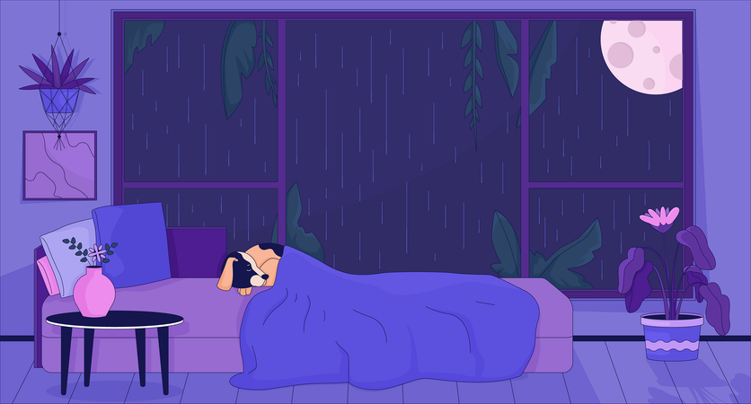 Dog sleeping in bed at night rainy  イラスト