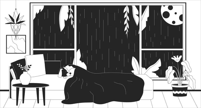 Dog Sleeping In Bed At Night Rainy Outline 2 D Cartoon Background Sleepy Puppy Lifestyle Linear Vector Illustration Full Moon Nighttime Window Bedroom Flat Wallpaper Art Monochromatic Lofi Image Illustration