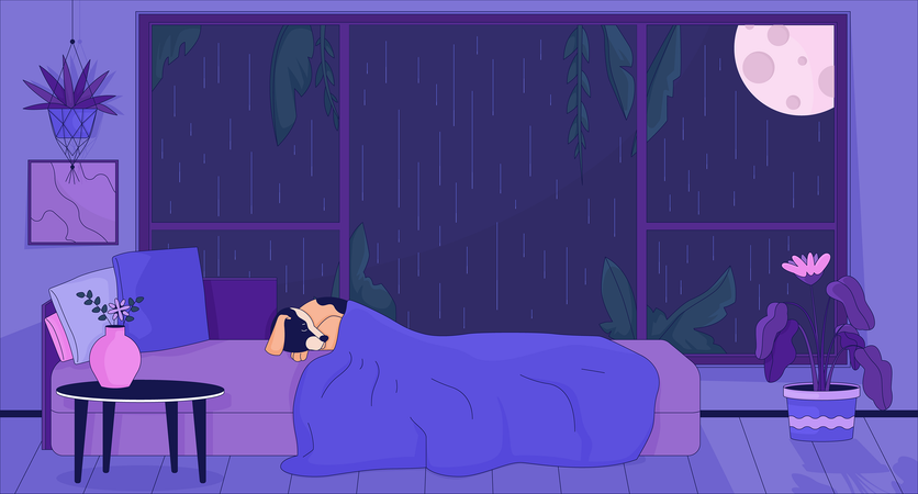 Dog sleeping in bed at night rainy  Illustration