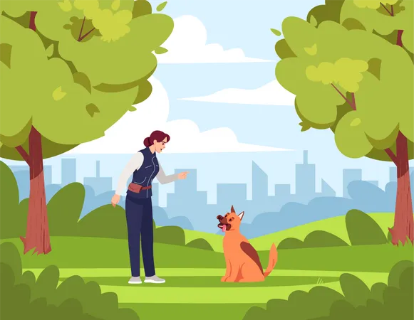 Dog Training Semi Flat Vector Illustration Woman Teaches Naughty Dog 2 D Cartoon Character For Commercial Use Park Area Dog Training Specialist Green Bright Environment Nice Weather Illustration