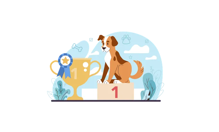 Dog Handler Web Banner Or Landing Page Training Exercise For Dogs Dog Well Behavior Development Dog Exhibition Show Or Competition Award Cute Domestic Pet With A Prize Flat Vector Illustration Illustration