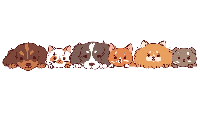 Dogs And Cats Peek Out From Behind White Banner Designed To Advertise Veterinary Clinic Or Private Doctor For Pets Cute Kittens And Puppies For Advertising Animal Shelters Or Pets Hotels Illustration